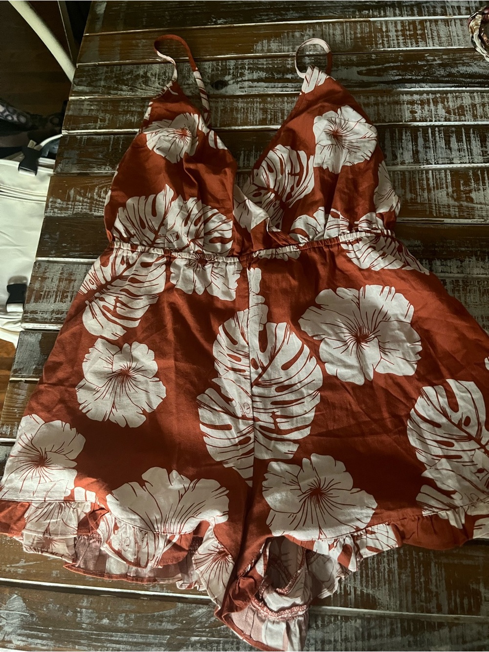 Roxy Rust Red Floral Romper with White Hibiscus Print